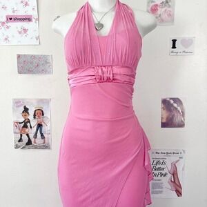 Deb Y2K Pink Rhinestone Halter Mesh Maxi Dress — Fairycore / Prom / Princess